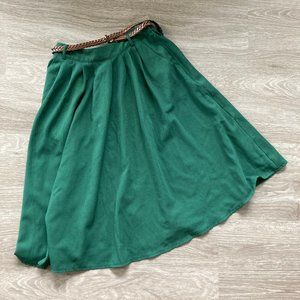 Green Pleat Midi Circle Skirt w/ Brown Braid Belt